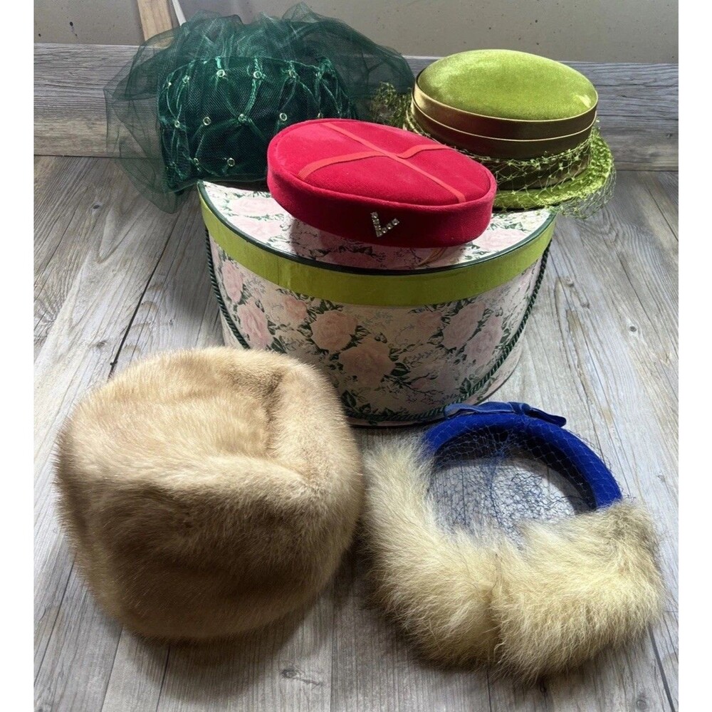Lot of 5 VTG Women's Hats Pillbox Netting Floral Faux Fur Church Derby Tea Party